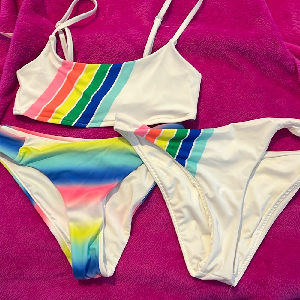 Love & Sport Women's Rainbow Striped Bikini Swimwear , size small NWOT
